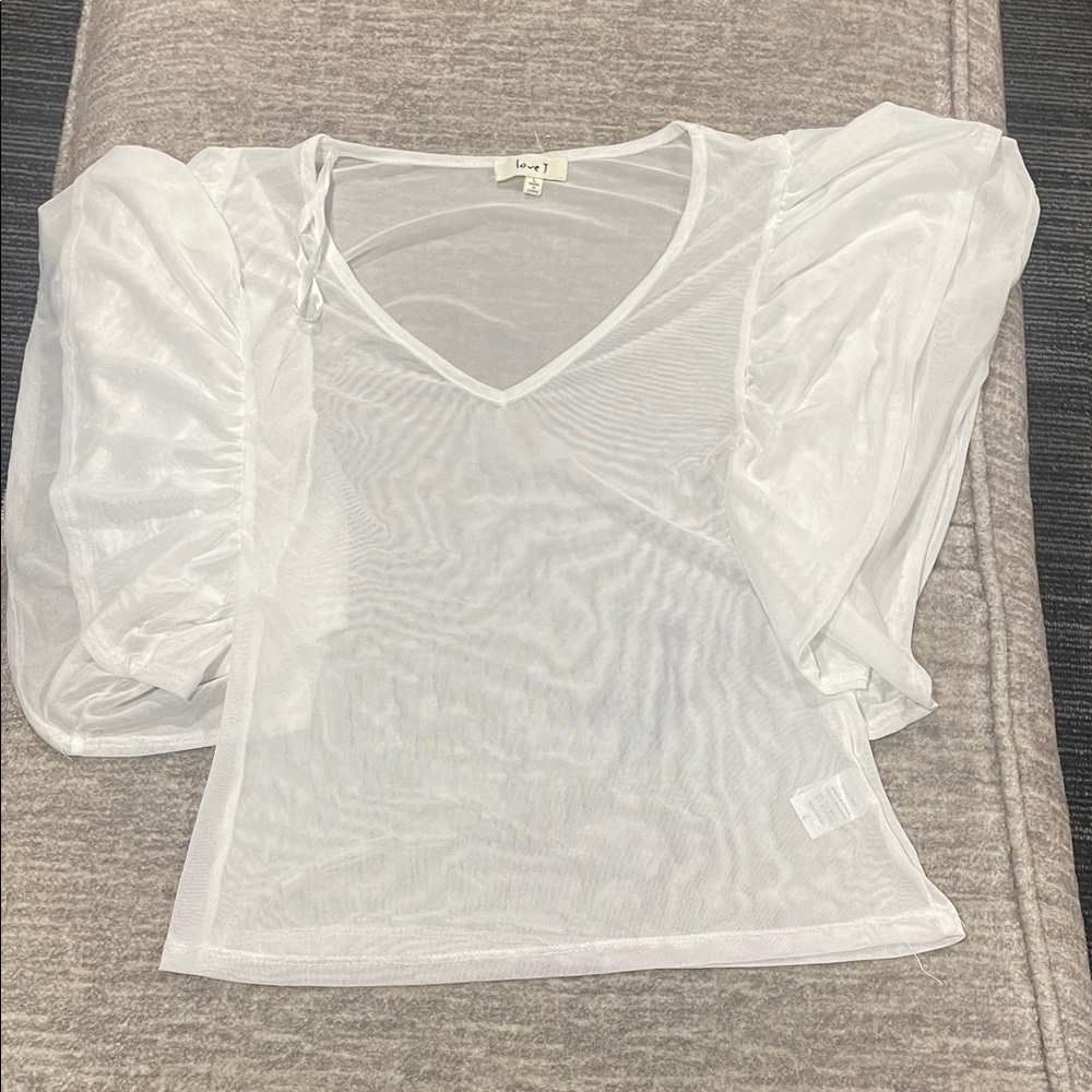 love J White Sheer V-Neck Puff Sleeve Top